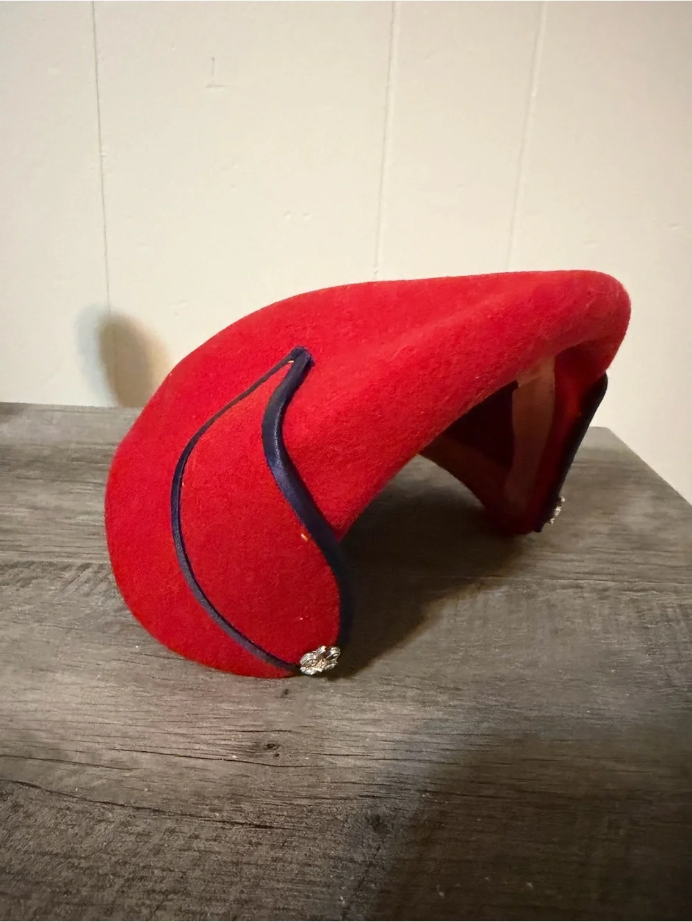 Vintage 1960’s Red Felt Vintage-Style Fascinator Hat with Navy Trim wool